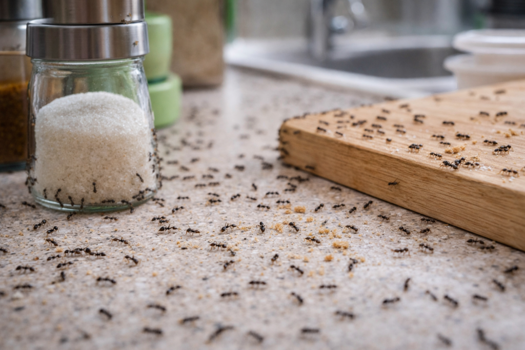 ants crawling on the counter in a kitchen